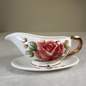 Lefton Americana Rose Pottery Ceramic Gravy Boat With Saucer Rose Floral Design